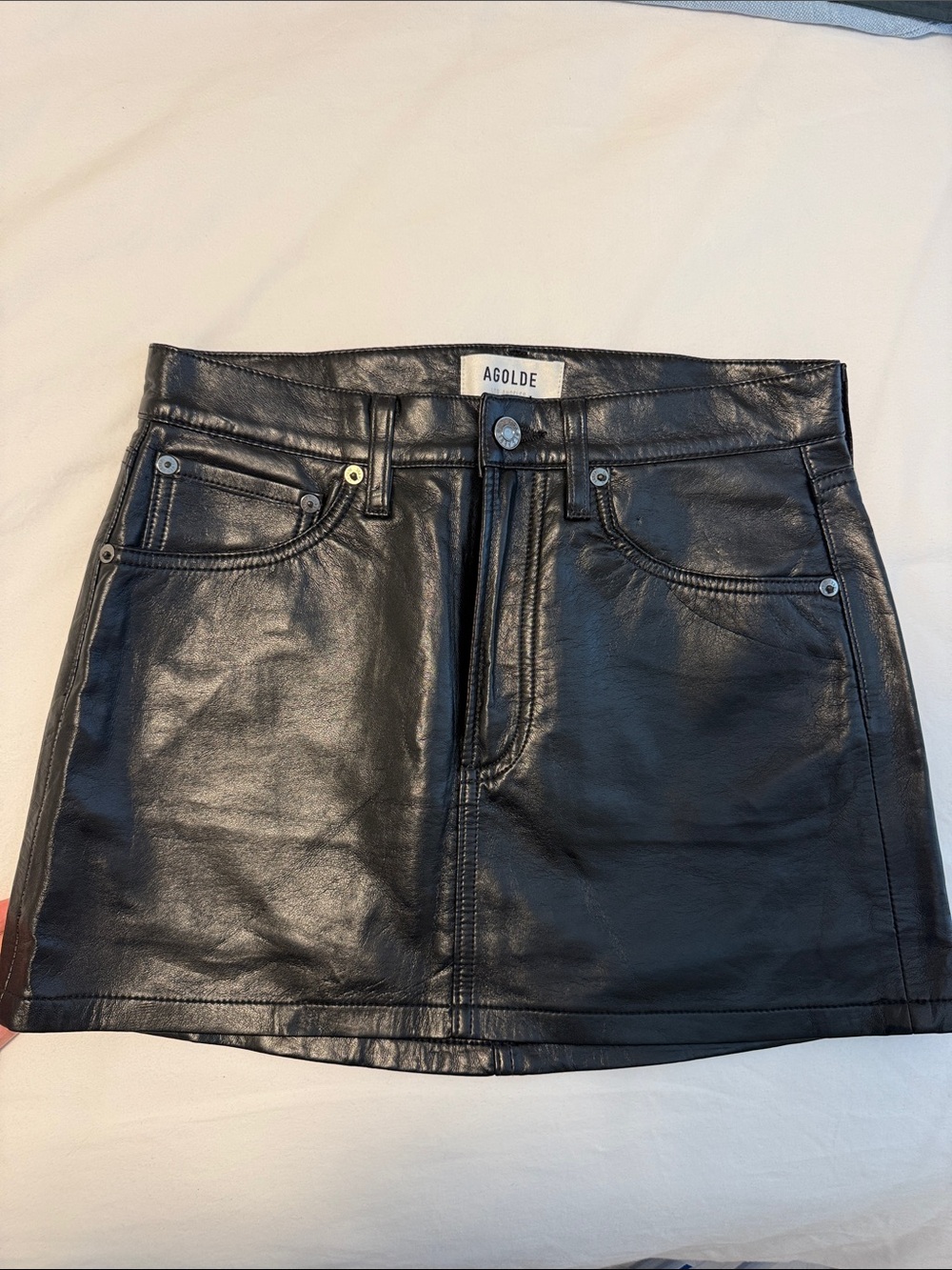 Agolde Black Leather Mini Skirt with Five-Pocket Style
